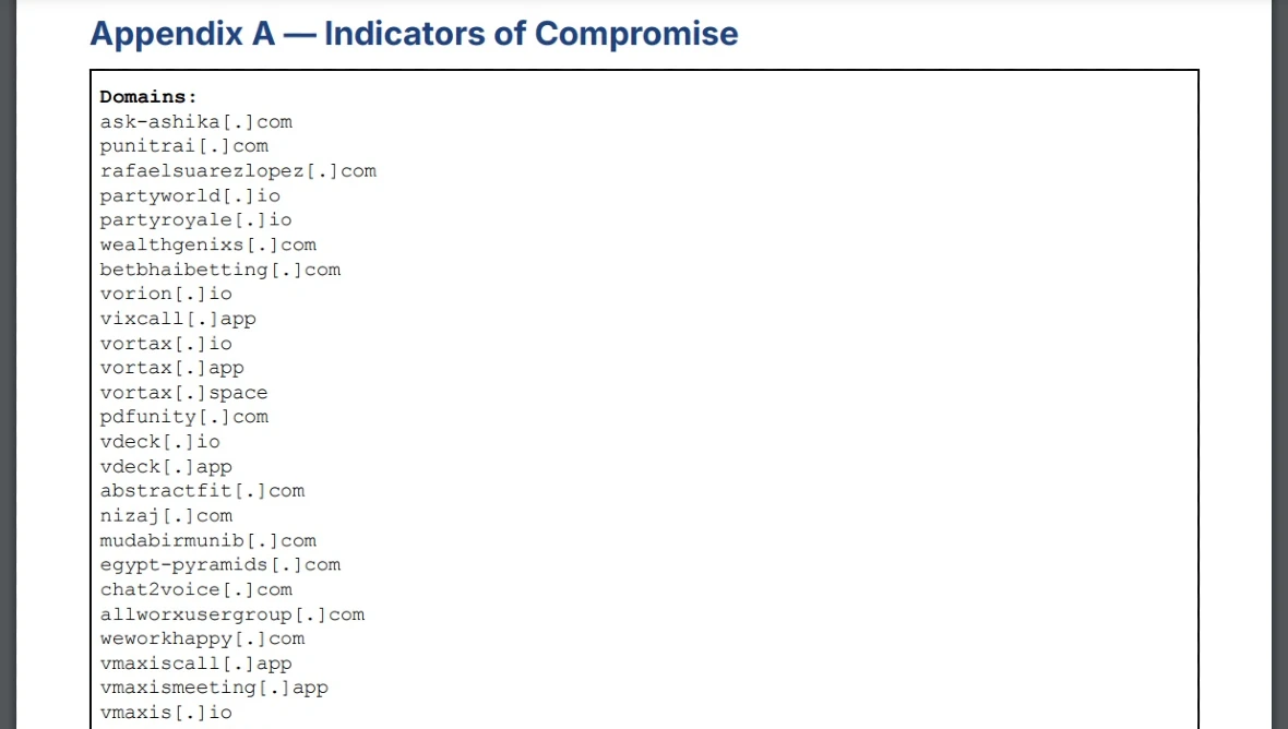 A screenshot from the 34-page report from the Insikt Group report on Marco Polo, which lists 3 full pages of indicators of compromise.