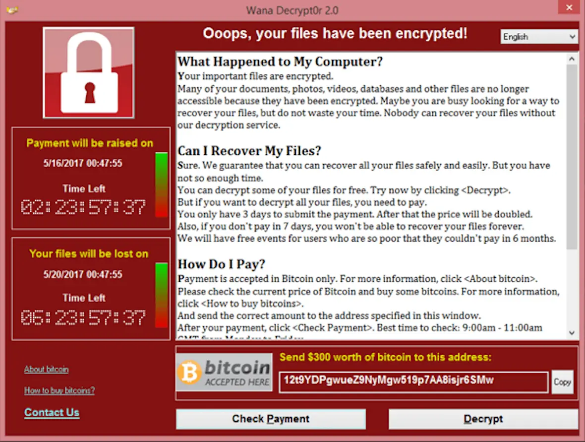 A screenshot of an example of ransomware in action.