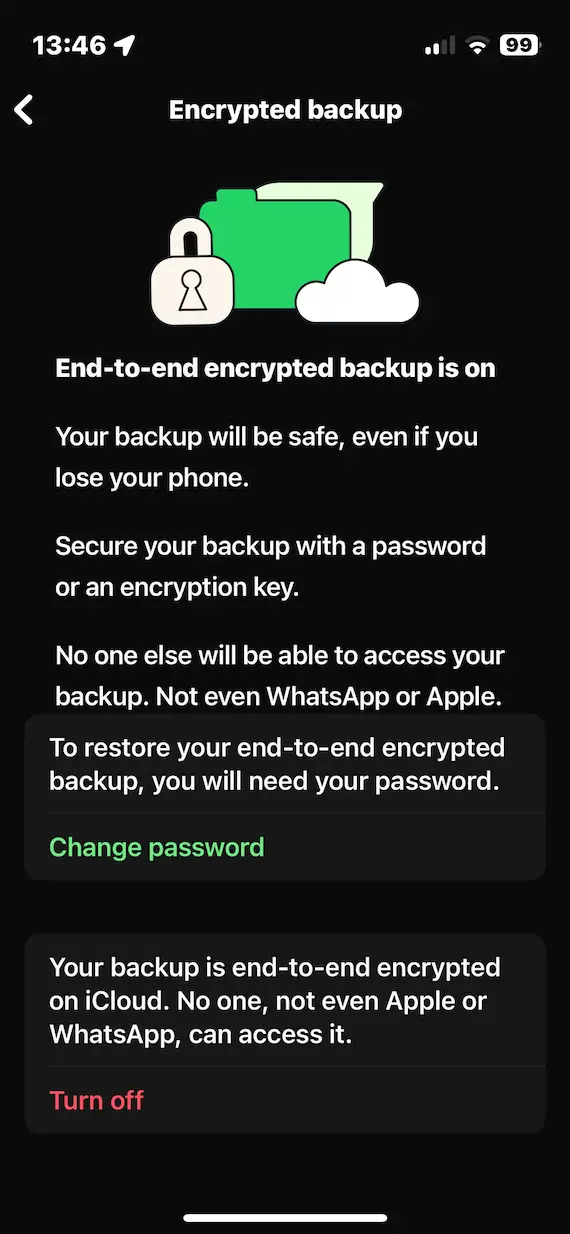 A screenshot of the WhatsApp backup feature showing that end-to-end encryption is enabled.