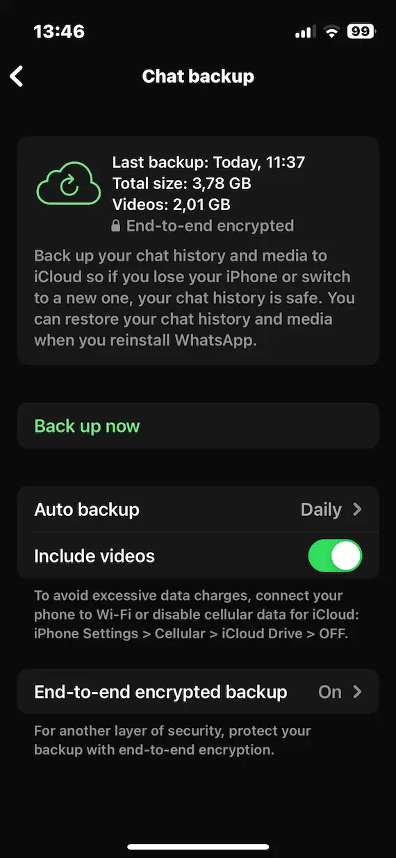 A screenshot of the WhatsApp Chats Backup feature.