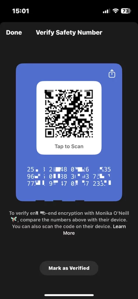 A screenshot of the Verify Safety Number feature on Signal.