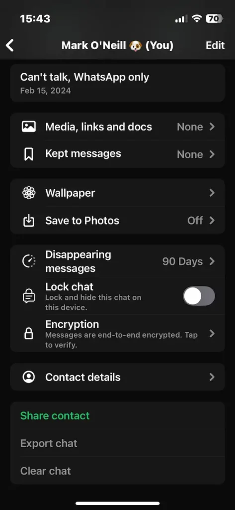 A screenshot of the settings options in WhatsApp.