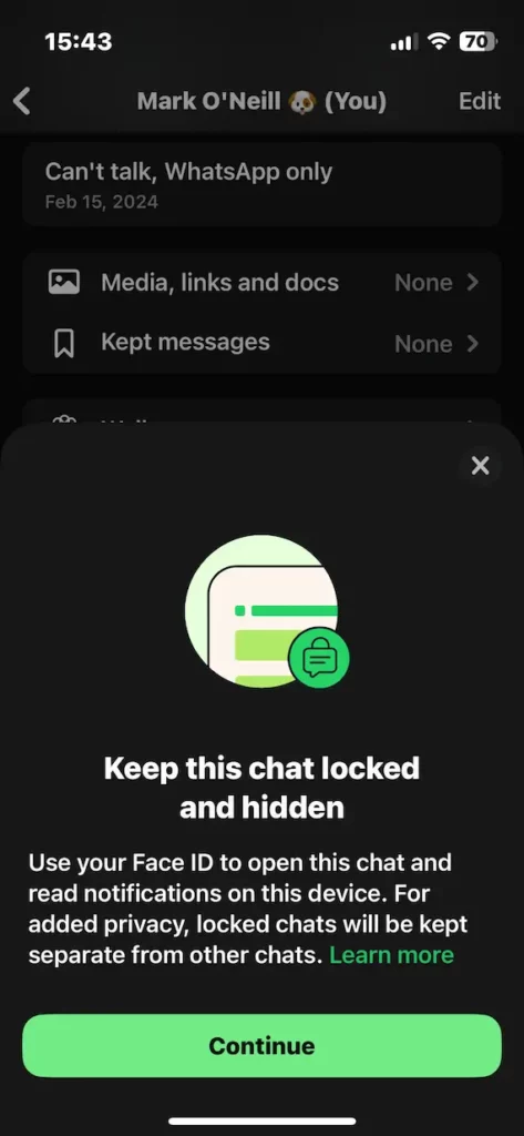 A screenshot of the "Keep this chat locked and hidden" setting in WhatsApp.