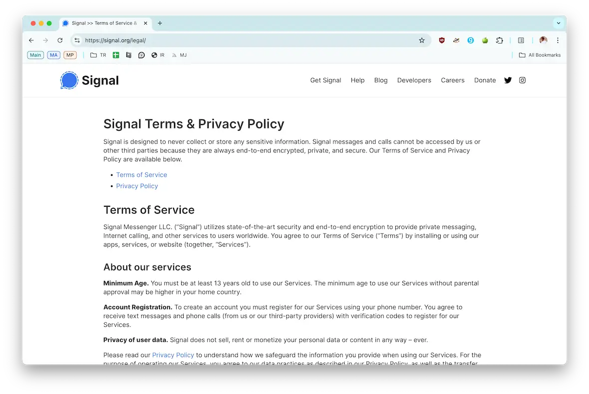 A screenshot of Signal's Terms and Privacy Policy.