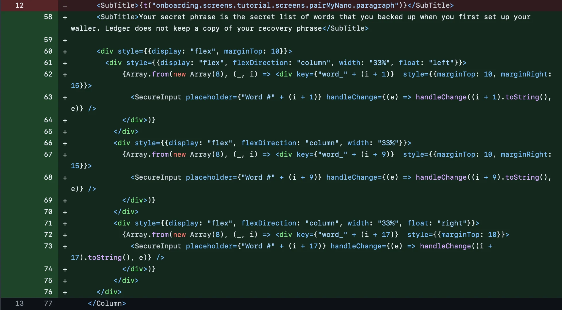 A screenshot of a snippet of code showing an example of phishing for see phrases.