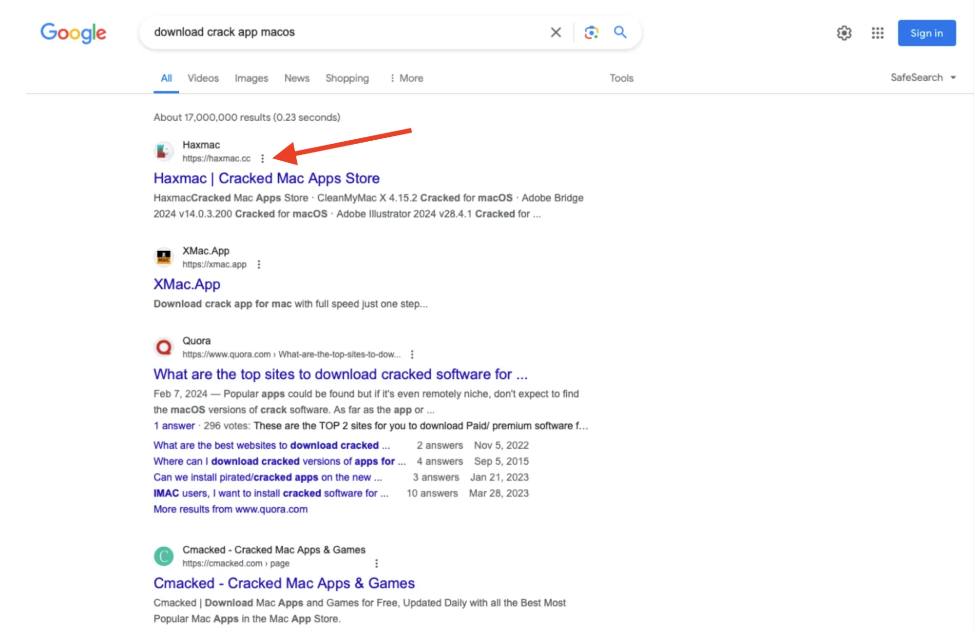 A screenshot showing the Google Search page, with an arrow pointing to a malicious app at the top of the results.