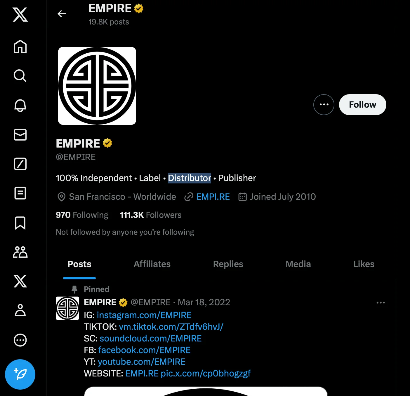 A screenshot of the X (Twitter) account page of EMPIRE.