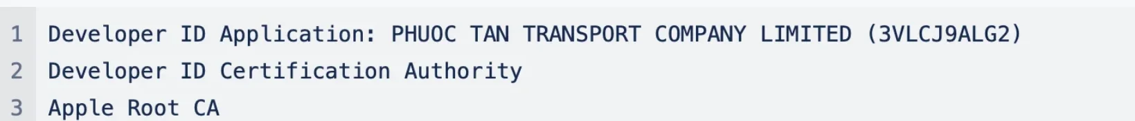 A screenshot of a snippet of code showing the name PHUOC TAN TRANSPORT COMPANY LIMITED.