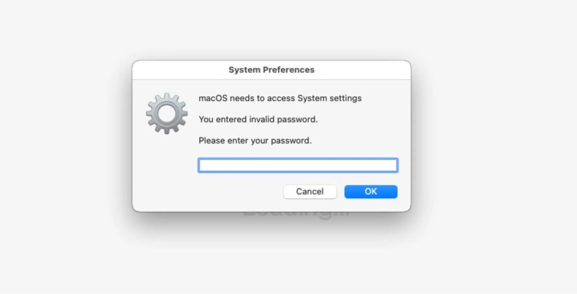 A screenshot of a deceptive macOS System Preferences prompt asking for the user's password.