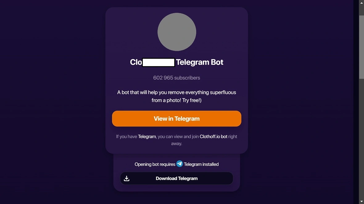 A screenshot of an example of an "undress app" Telegram bot.