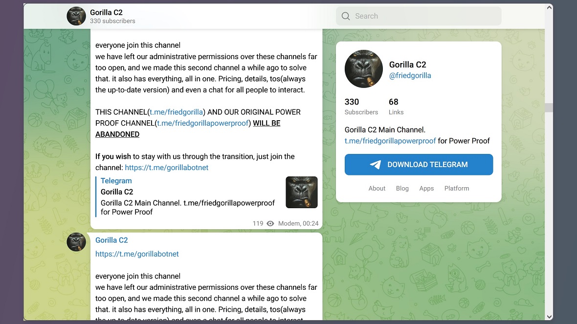 Screenshot of the abandoned Gorilla Telegram Channel.