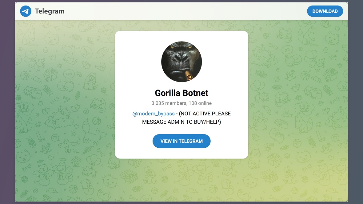 A screenshot of the active Telegram channel called Gorilla Botnet.