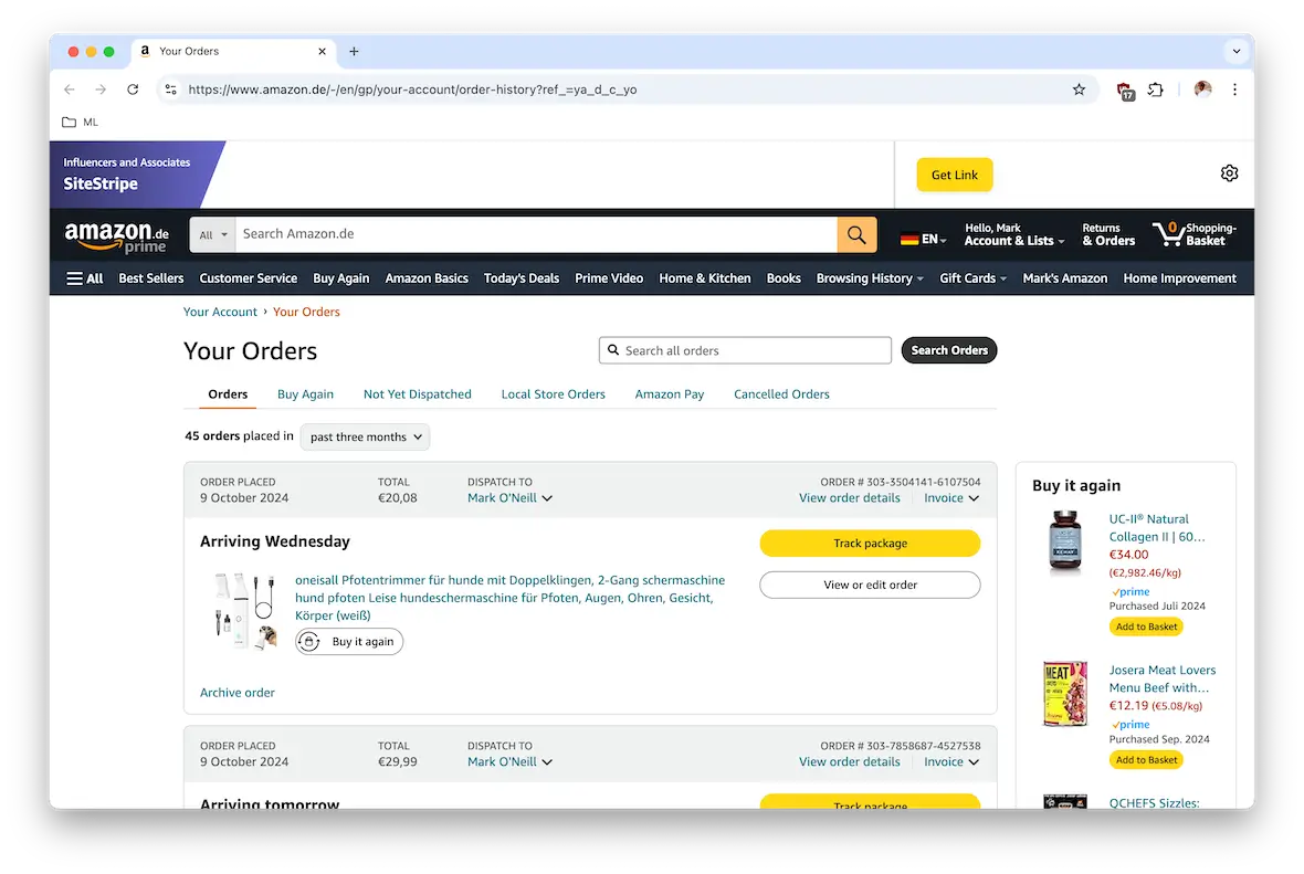 A screenshot of the Your Orders page of an Amazon account.