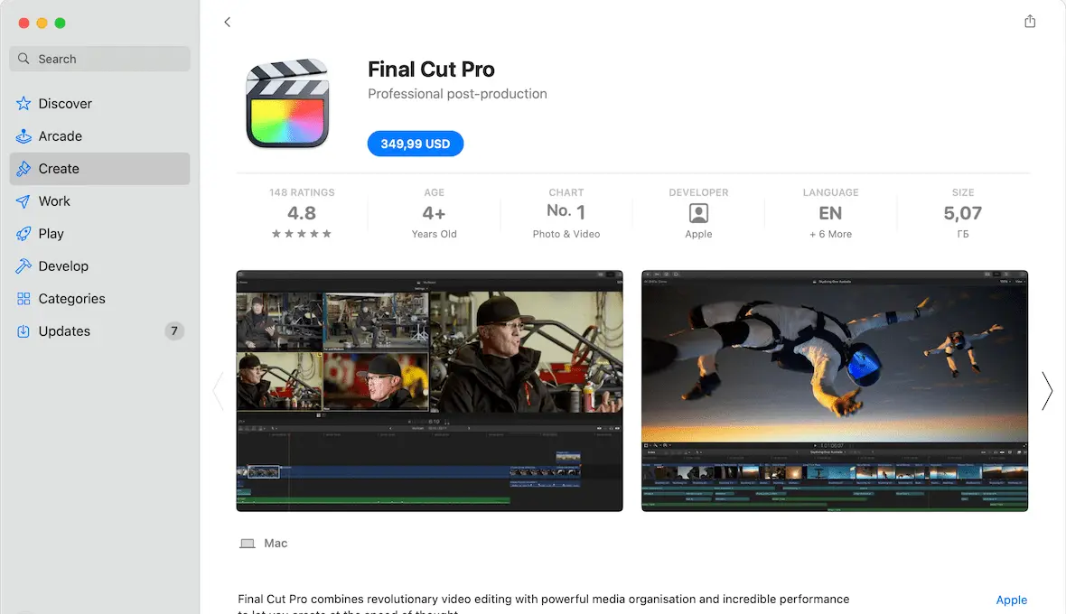 A screenshot of Final Cut Pro for sale in the Apple App Store.