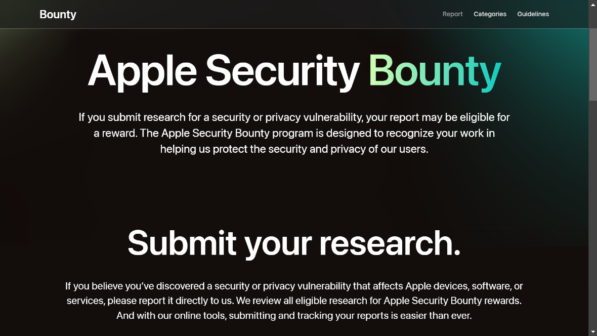 Screenshot of the official Apple Security Bounty page.