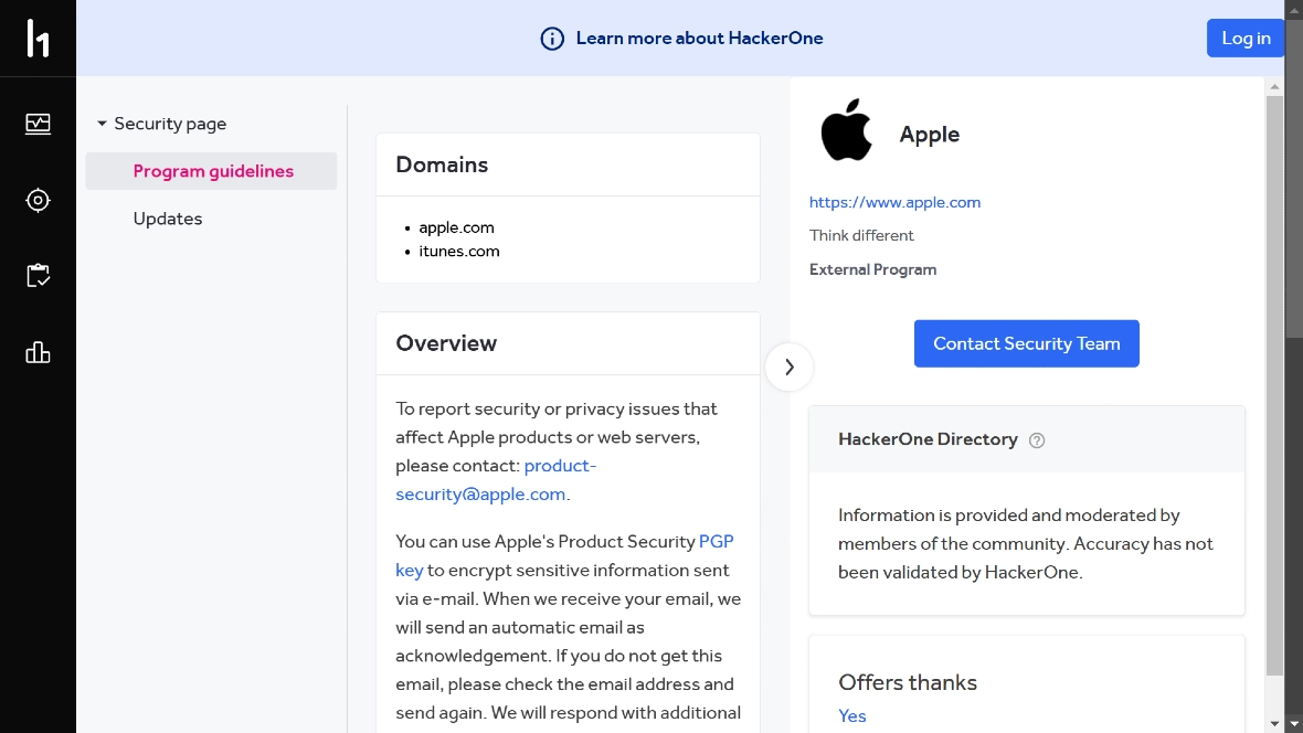 Screenshot of the Apple-Hacker One website.
