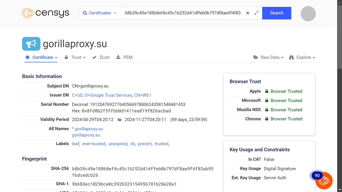 A screenshot of details of a Gorilla botnet certificate of trust.