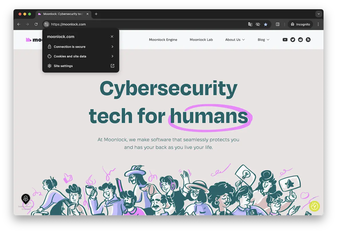 A screenshot of the Moonlock website showing that the connection is secure.
