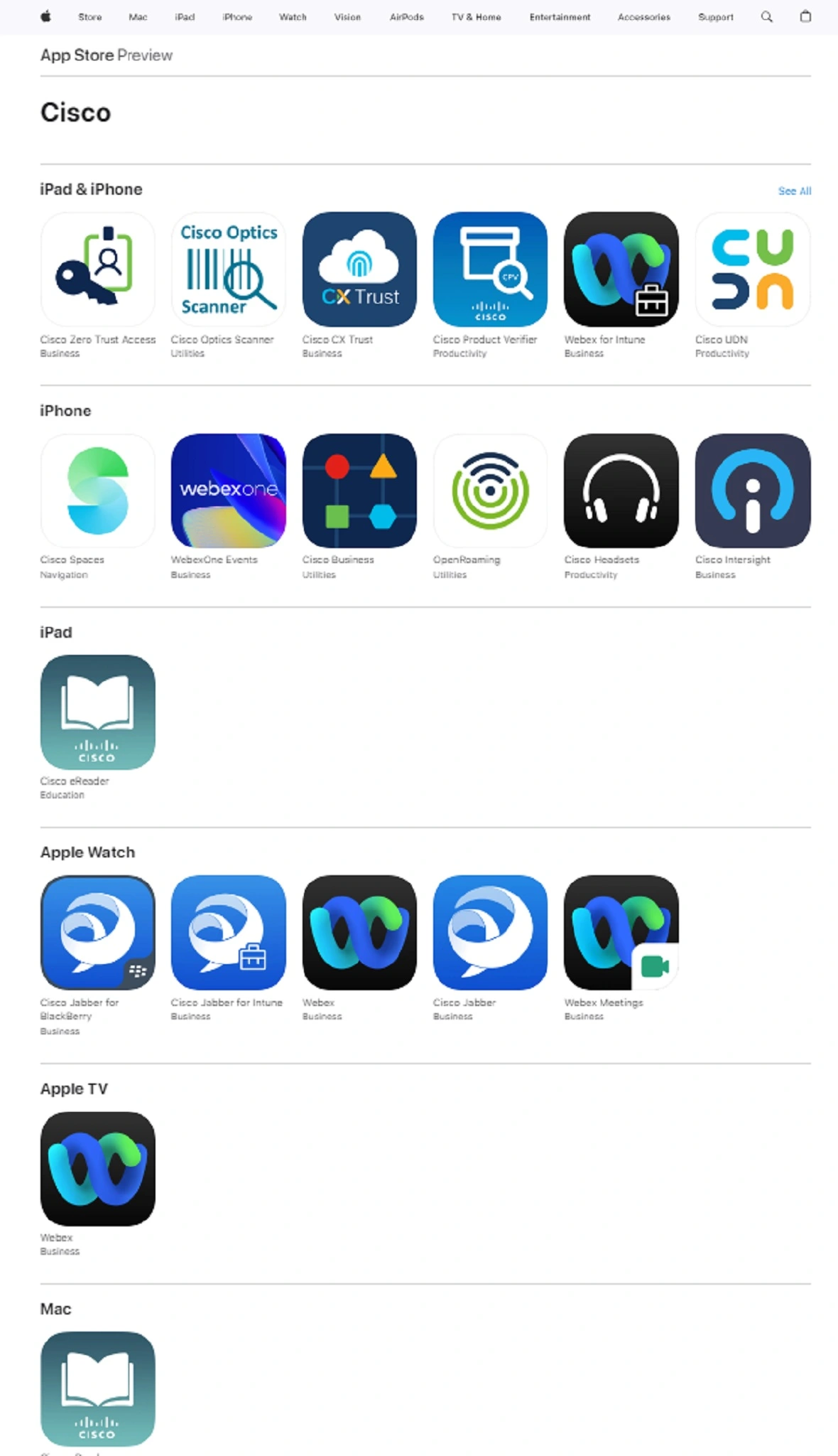 Screenshot of Cisco apps available on the App Store for all Apple devices.