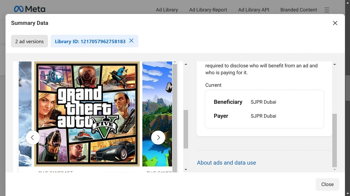 A screenshot of a malicious ad on Facebook impersonating Grand Theft Auto 5.