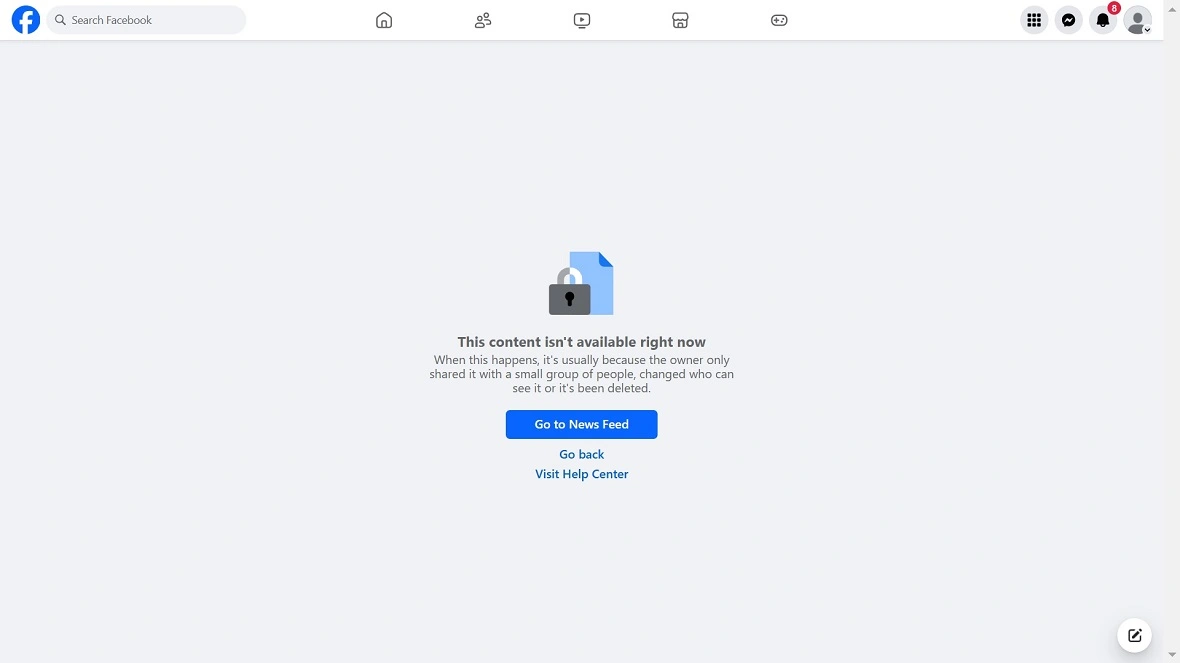 A screenshot of a Facebook notification that reads, "This content isn't available right now."