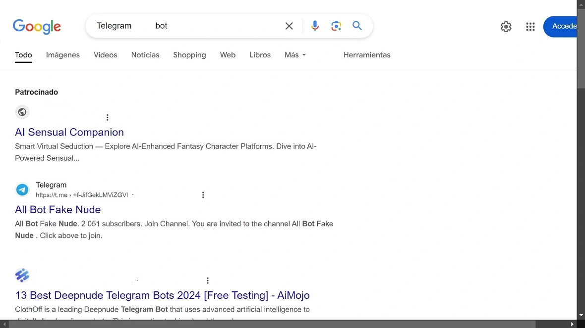 A screenshot showing the first page of results on Google Search for Telegram nudity apps.