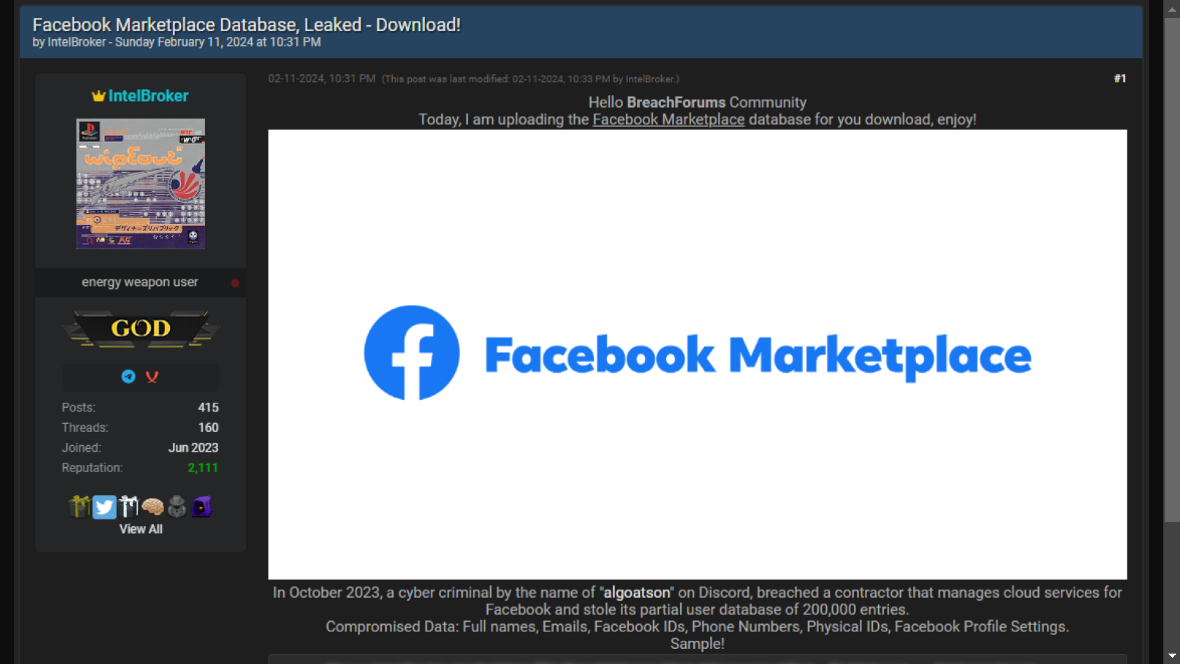 Image of a bad actor selling Facebook Marketplace users' passwords on Breach Forum, a hacker online forum.
