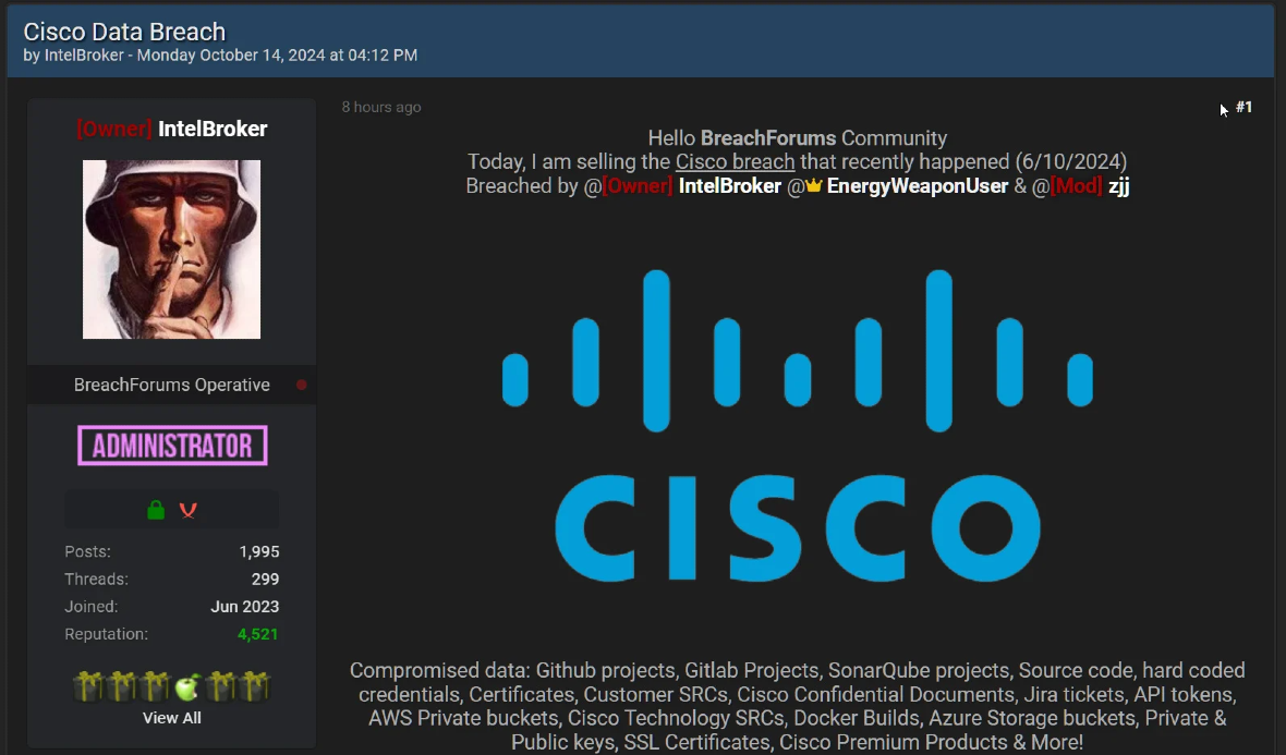 Screenshot of the Intel Broker post on Breach Forum for the Cisco breach incident.