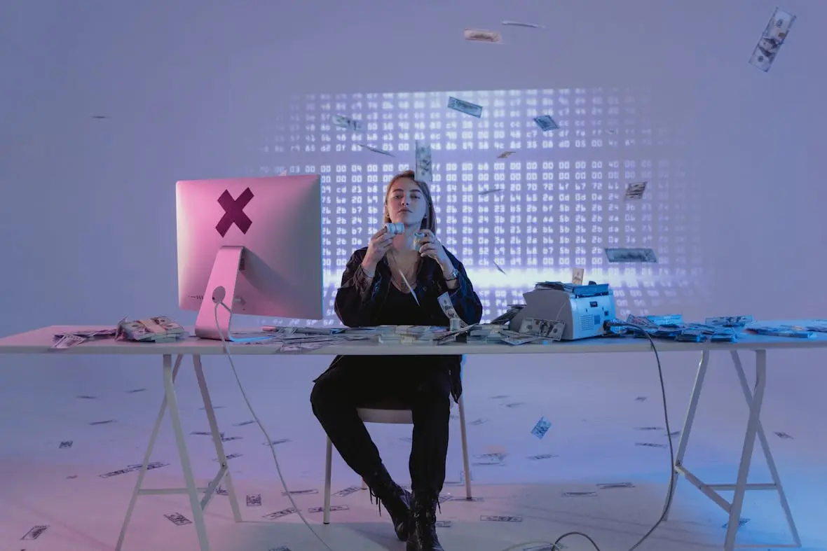 A photo of a woman at a desk with a Mac computer, counting money.