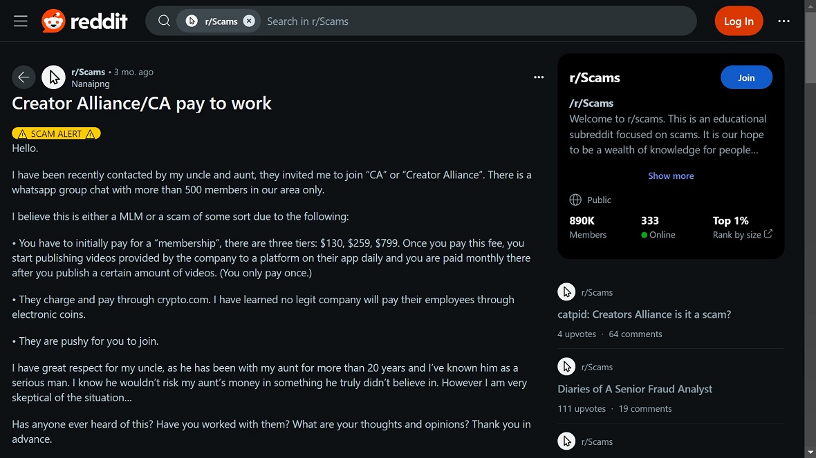 A screenshot of a Reddit user's post that warns others about Creators Alliance "pay to work" scam.