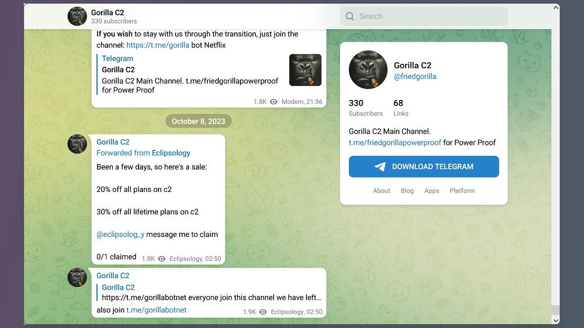 A screenshot of the Gorilla C2 Telegram channel promoting sales and discounts.