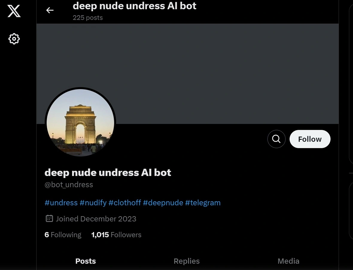 Screenshot of a deep nude AI bot promoted on X (formerly Twitter).