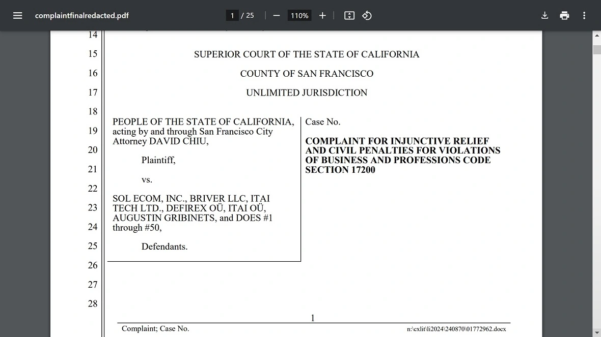 A screenshot of the filing of California acts against deepfake nude sites.