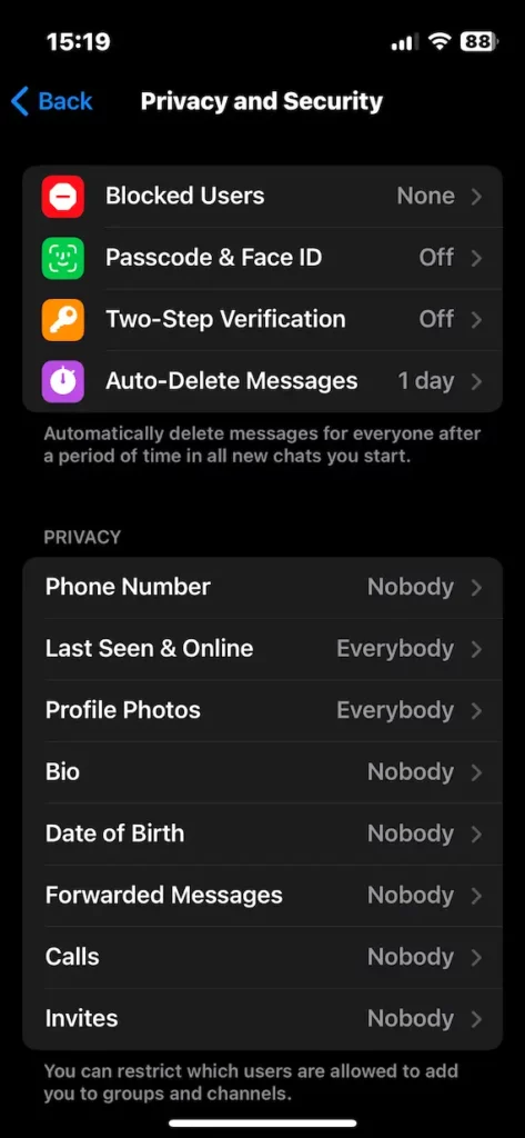 A screenshot of the Privacy and Security settings in Telegram, including the Two-Step Verification option.