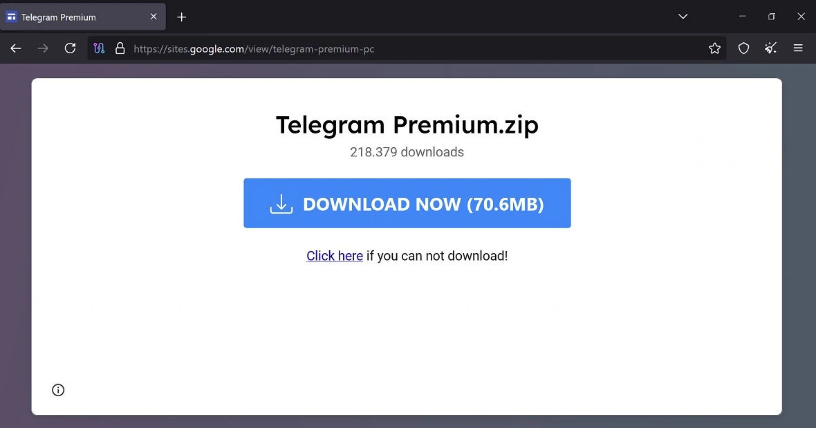 A screenshot of a page impersonating a download page for Telegram.