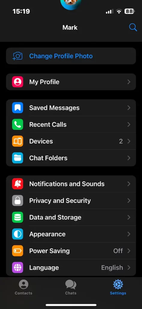 A screenshot of Telegram's settings page.