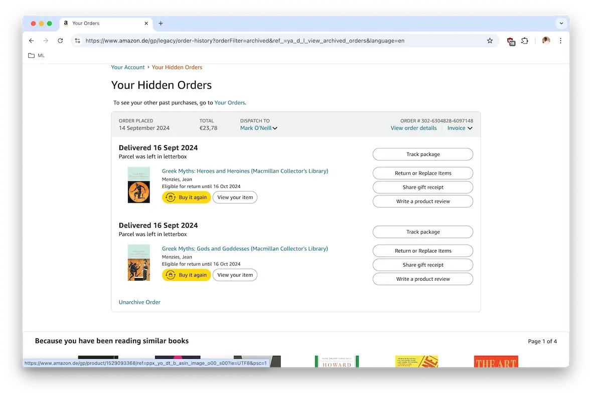 A screenshot of the Your Hidden Orders page on an Amazon account.