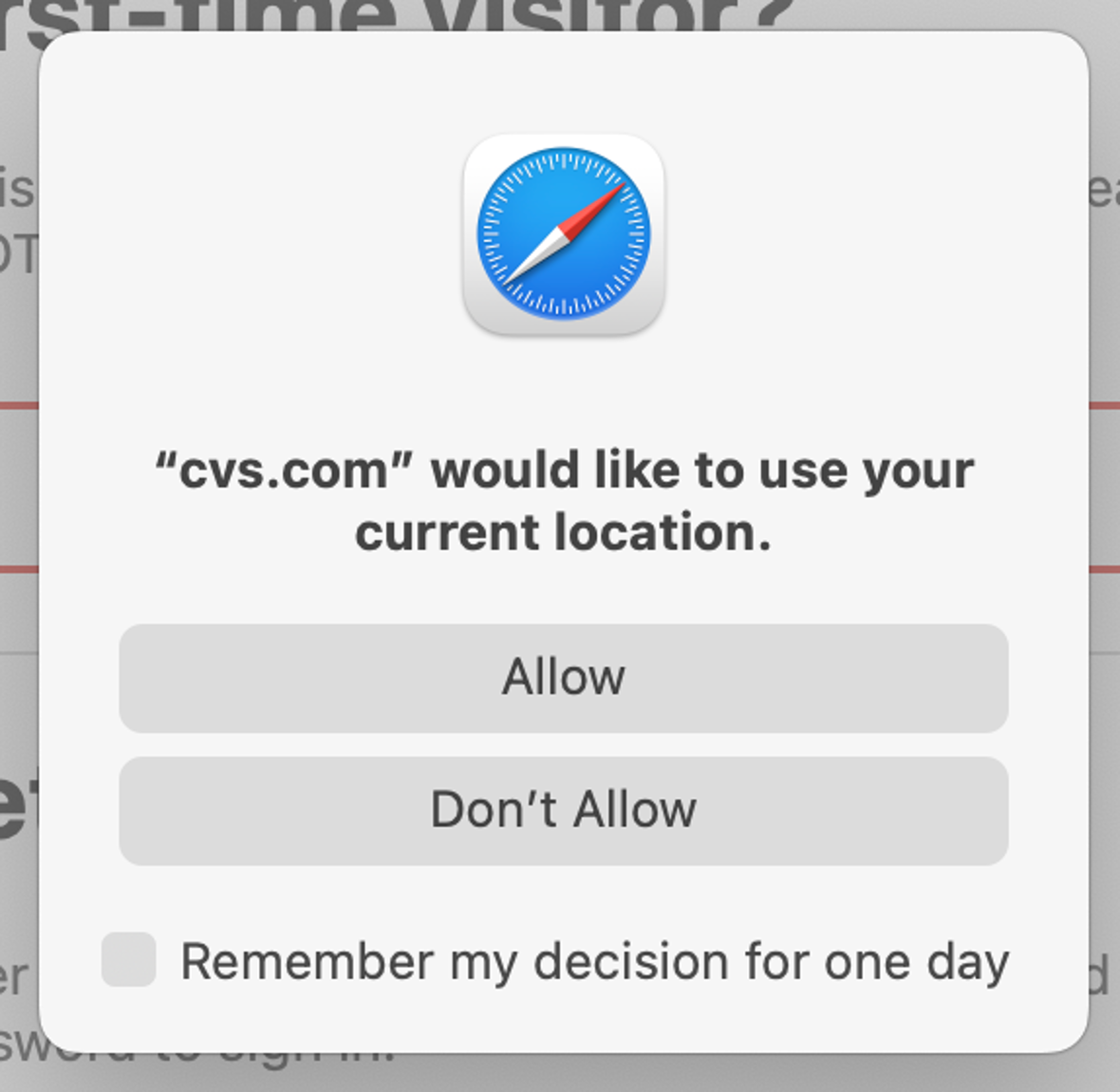 A screenshot showing a Safari permissions request asking to use the user's current location.