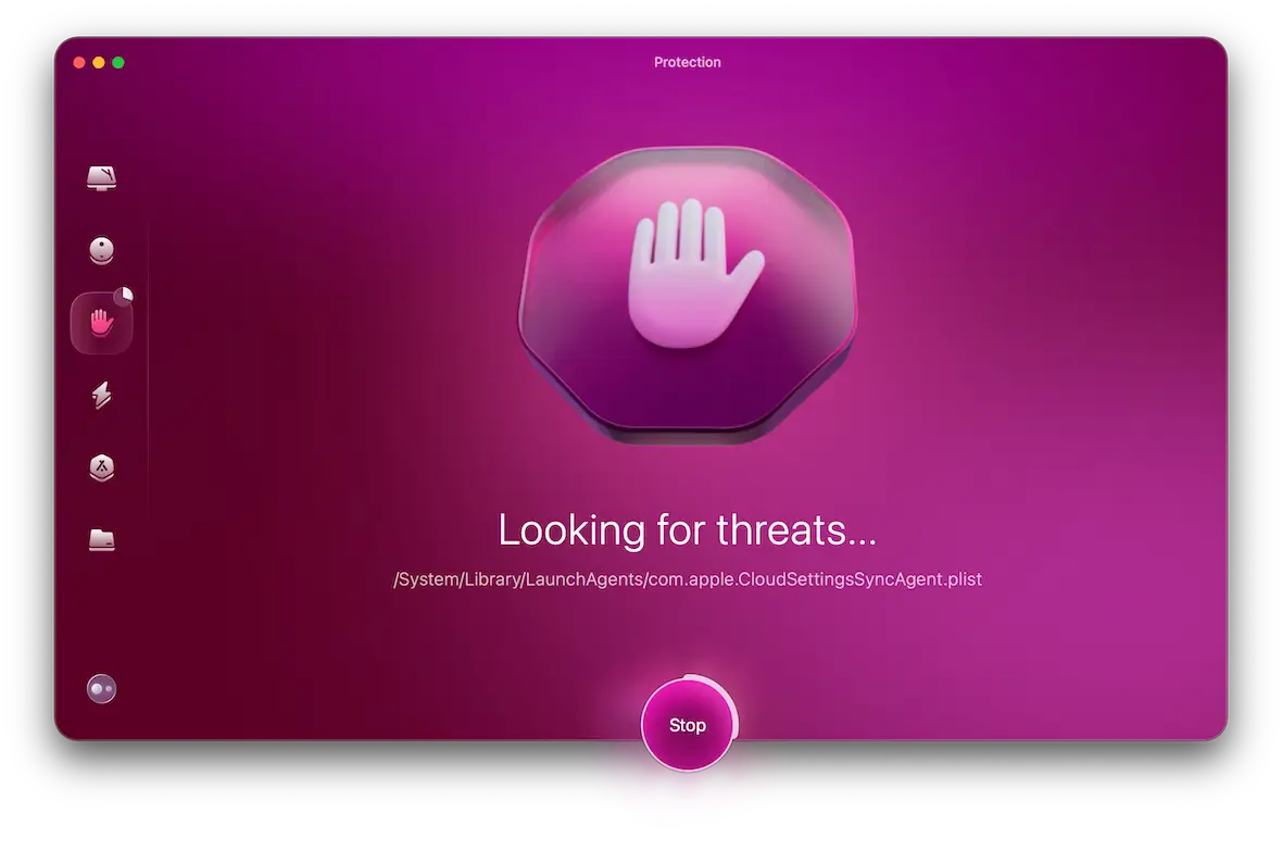 A screenshot of the CleanMyMac malware scanner searching for threats.