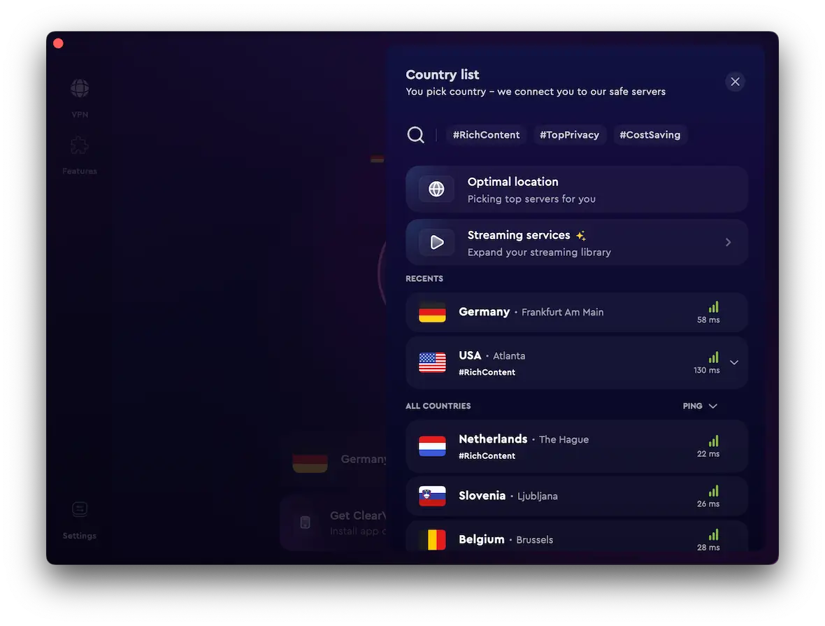 A screenshot of ClearVPN on Mac with a list of available countries to choose from.