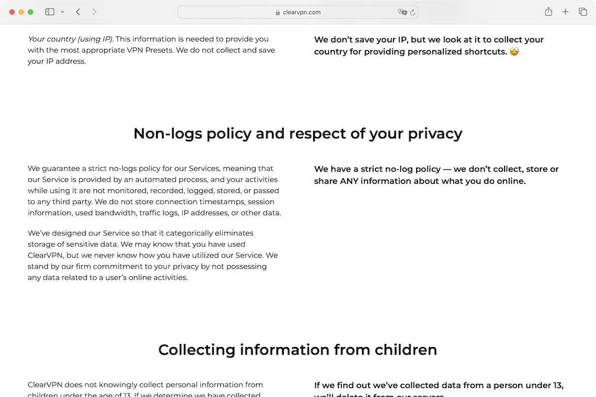 A screenshot of ClearVPN's no-logs policy.