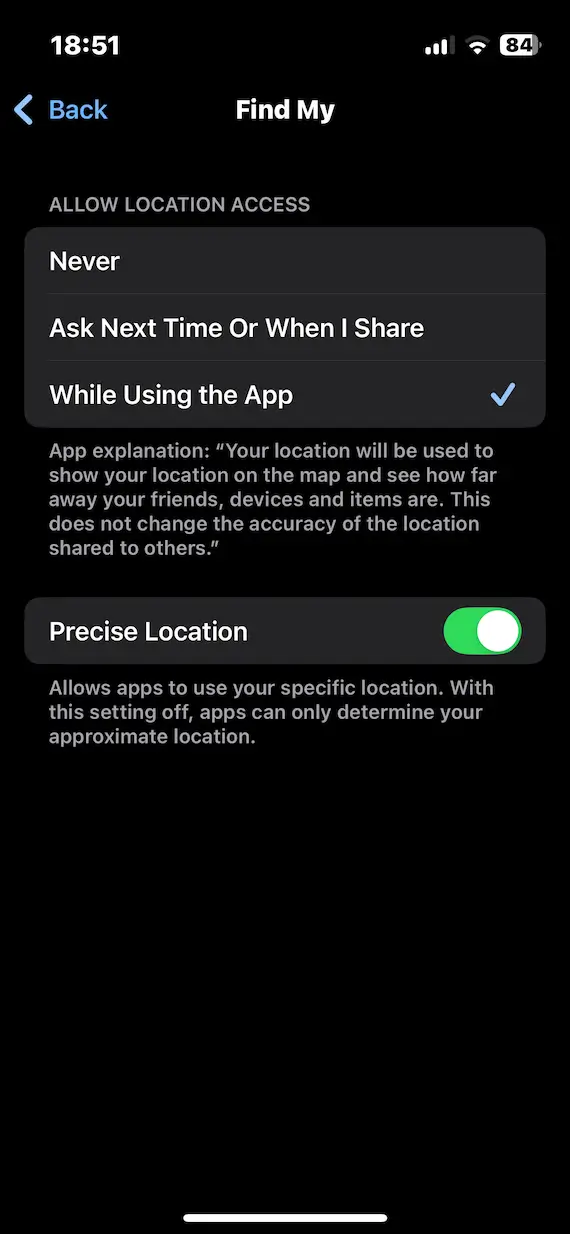 A screenshot on iOS of the Find My settings, with the options showing when to Allow Location Access.