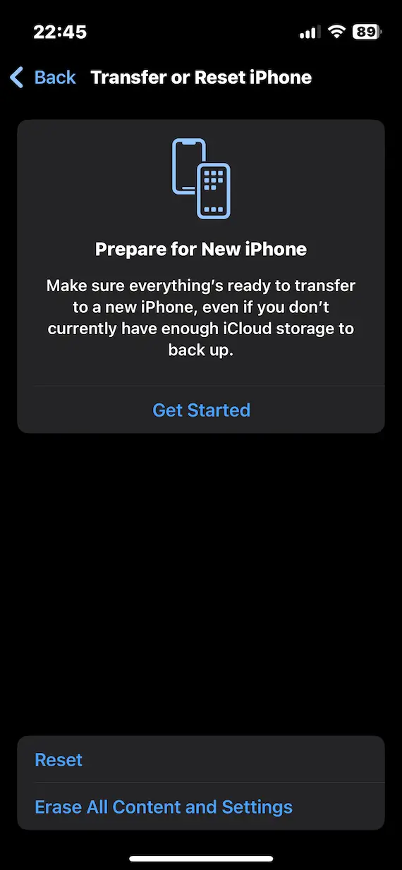 A screenshot of the Transfer or Reset iPhone page in iOS with the option to Get Started.