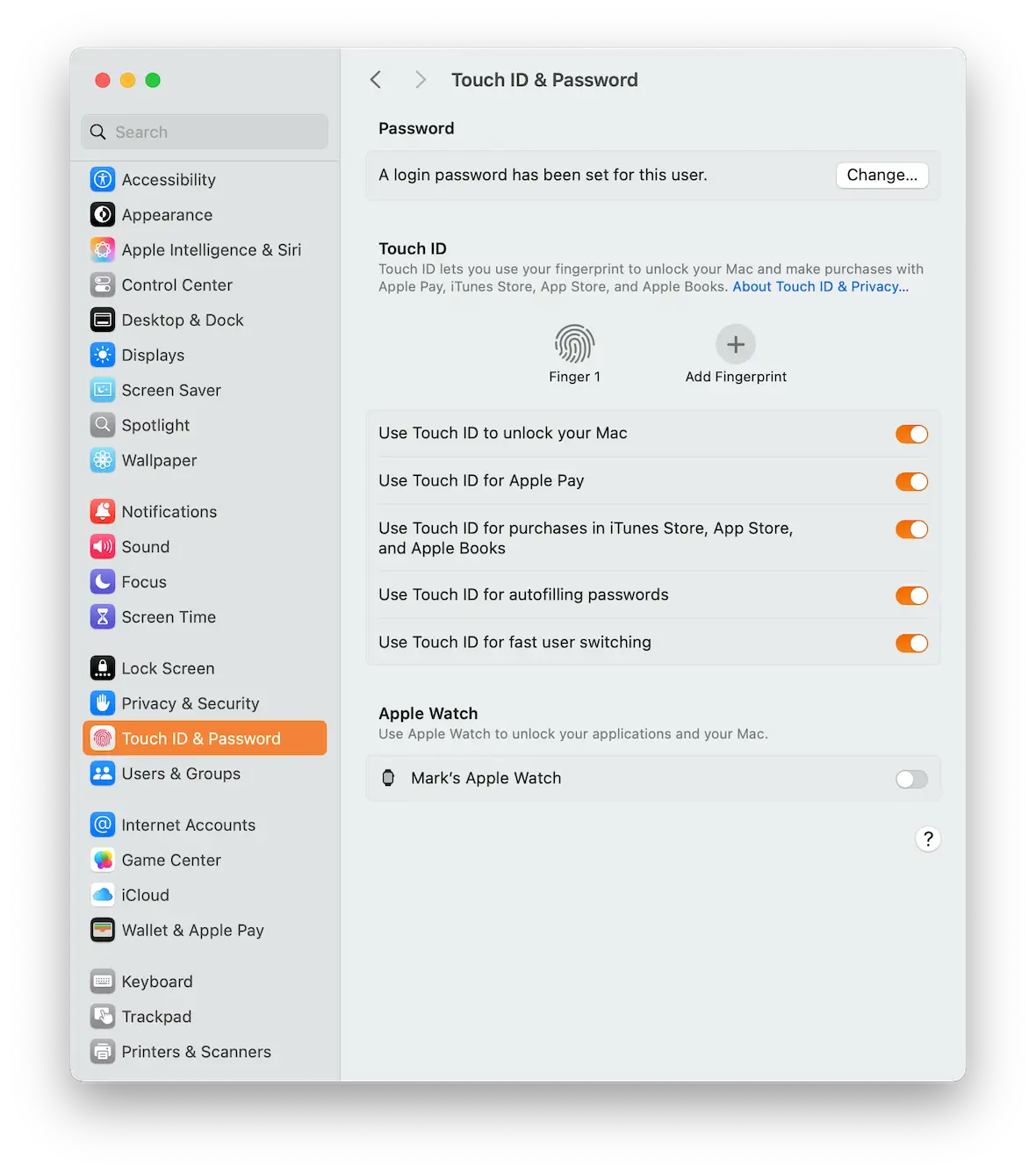 A screenshot of the Touch ID & Password settings on macOS.