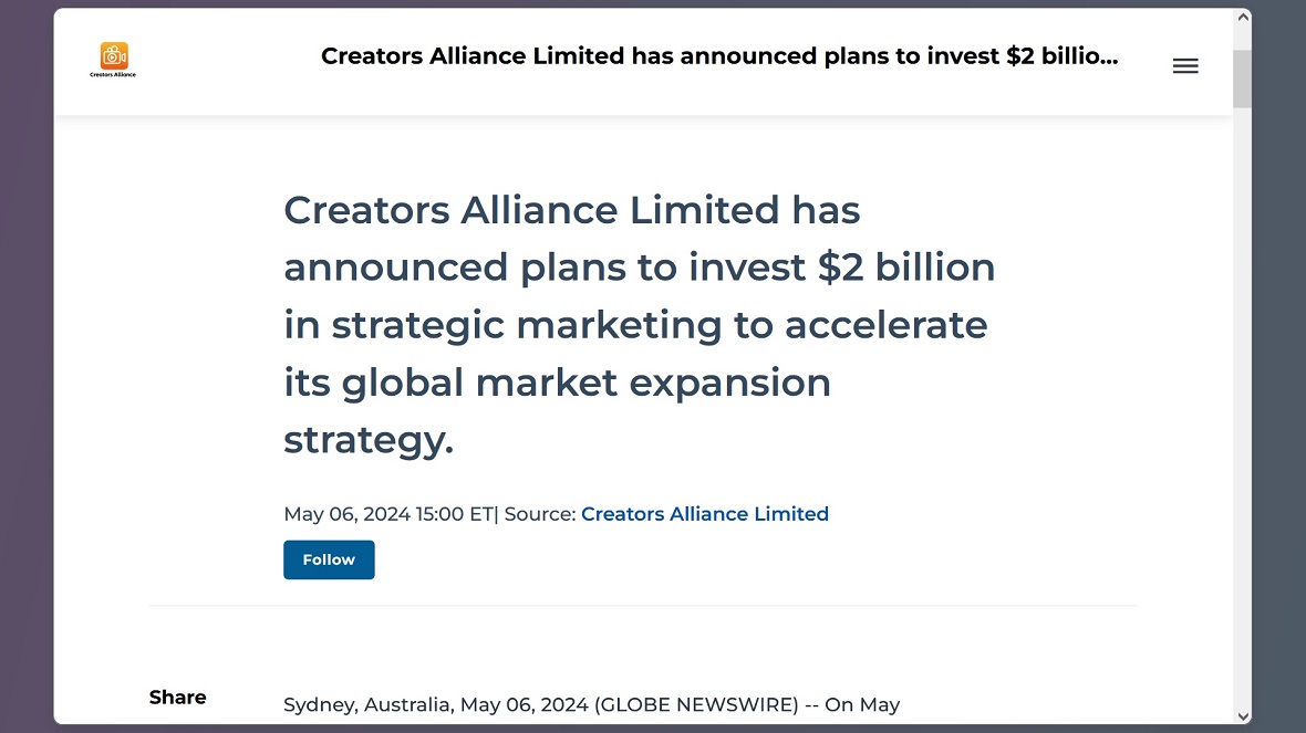 A screenshot of a a paid press release claiming a $2 billion investment by Creators Alliance 