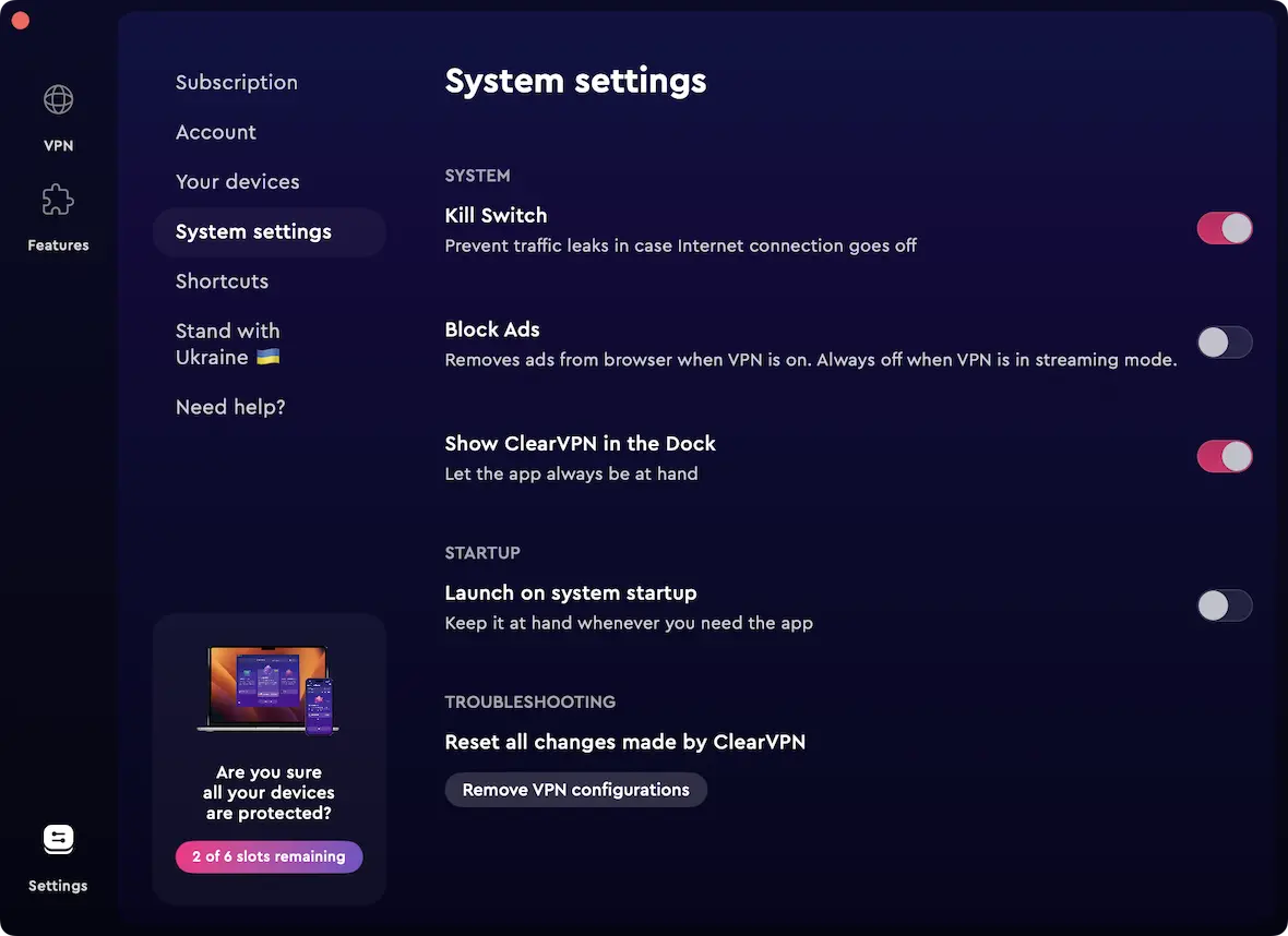 A screenshot of ClearVPN's system settings with the Kill Switch feature enabled.