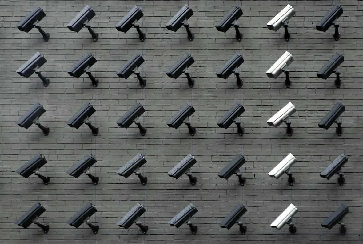 A screenshot of a bank of surveillance video cameras.