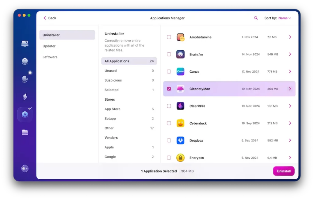CleanMyMac Applications Uninstaller screenshot